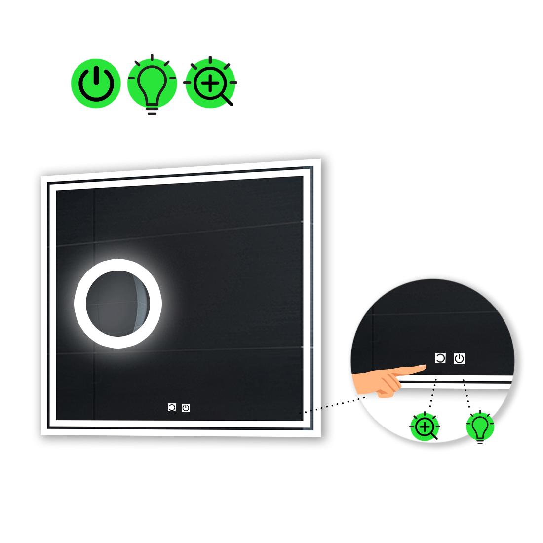 Зеркало с LED подсветкой Marita с двумя сенсорами и линзой с подсветкой 100x100 см (Maritak39)