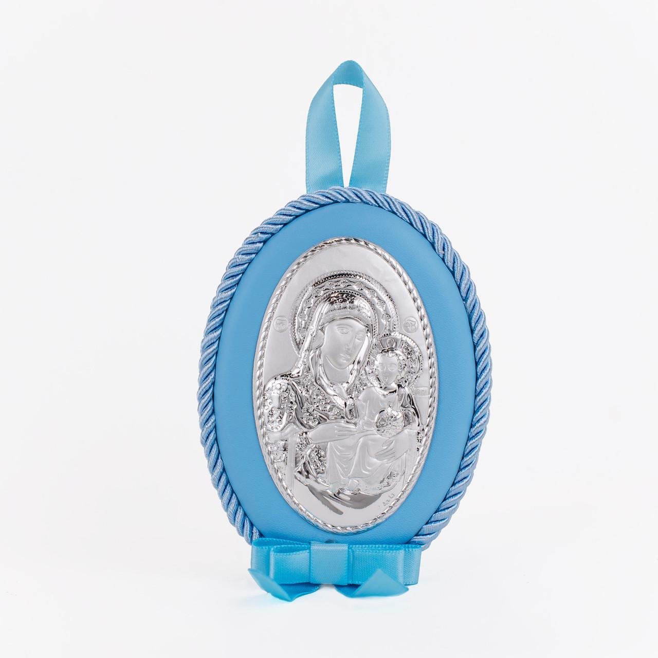 Срібна дитяча Єрусалимська іконка Божа Матір на синій подушечці 8х11 см