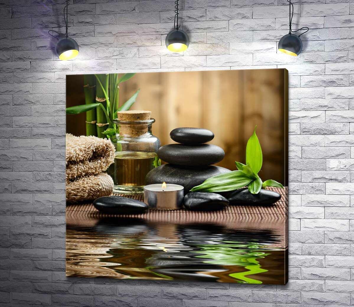 Картина ArtPoster Гладкие камни, свеча и масло на воде 130x130 см Модуль №1 (004414)