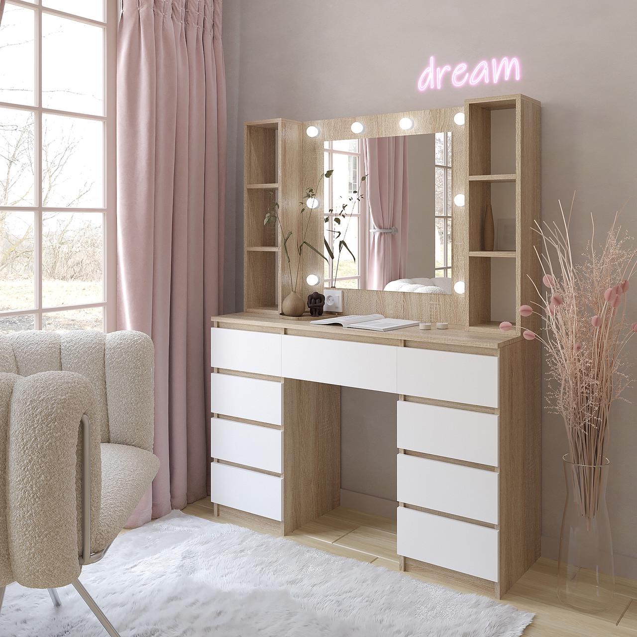 Туалетний столик New and Classic із підсвічуванням 1600х1200х400 мм Дуб сонома/Білий