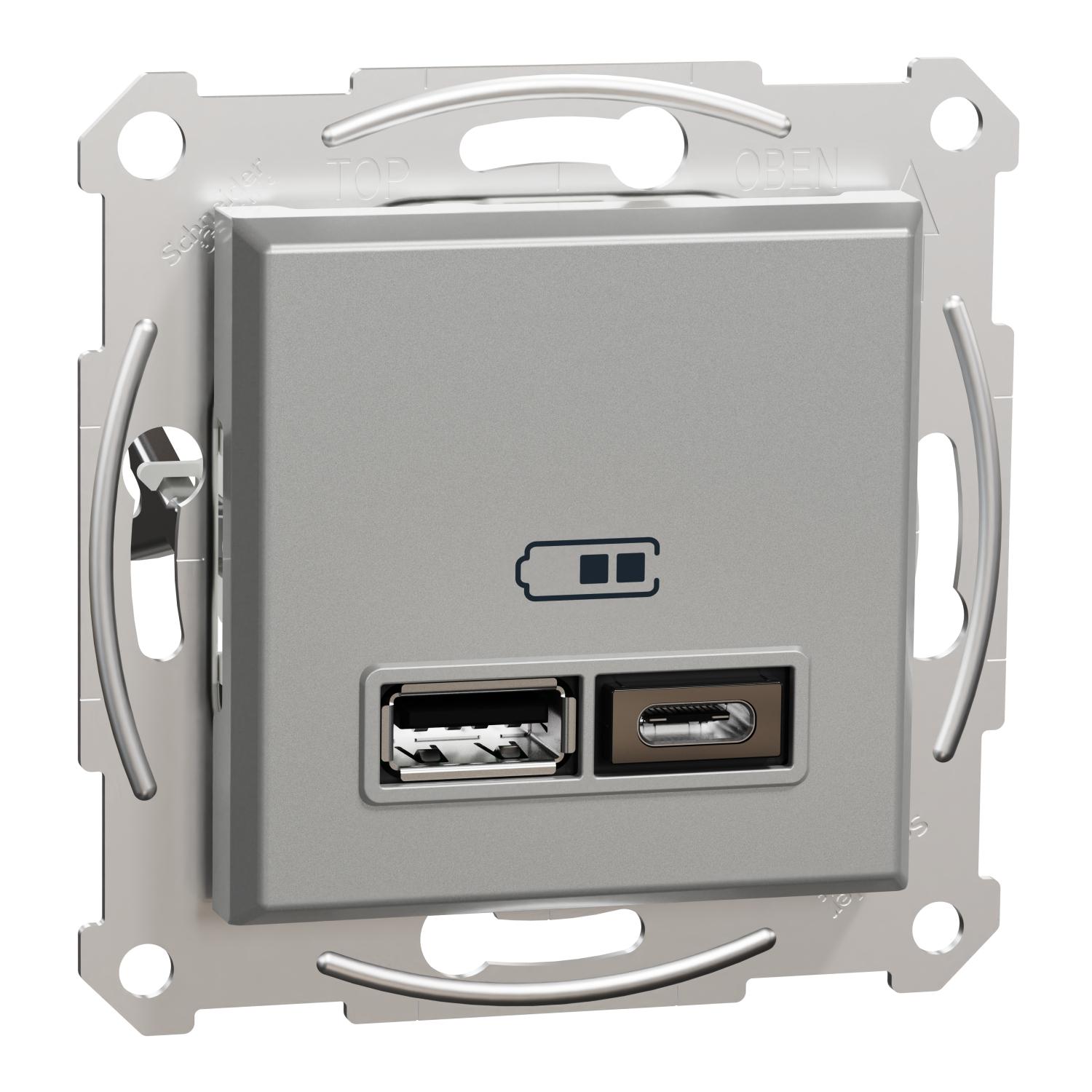 Розетка Schneider Electric Asfora ABS USB А+С 2,4А Алюміній (EPH2700361)