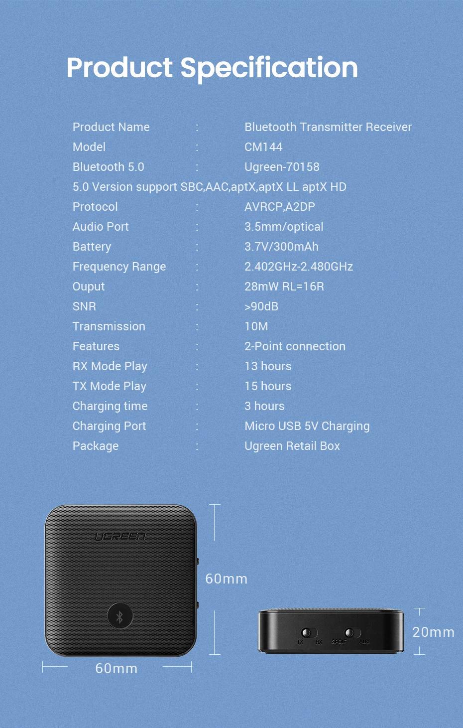 Адаптер UGREEN Bluetooth 5.0 приймач-передавач USB-3,5 мм minijack AUX/SPDIF aptX HD LL Чорний (70158) - фото 6 Адаптер UGREEN Bluetooth 5.0 приймач-передавач USB-3,5 мм minijack AUX/SPDIF aptX HD LL Чорний (70158) - фото 6