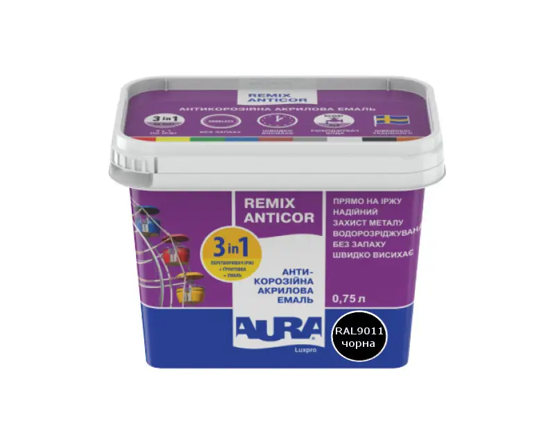 Эмаль-грунт акриловая Aura Lux Pro Remix Anticor 0,75 л Черный RAL 9011 (2571454849)