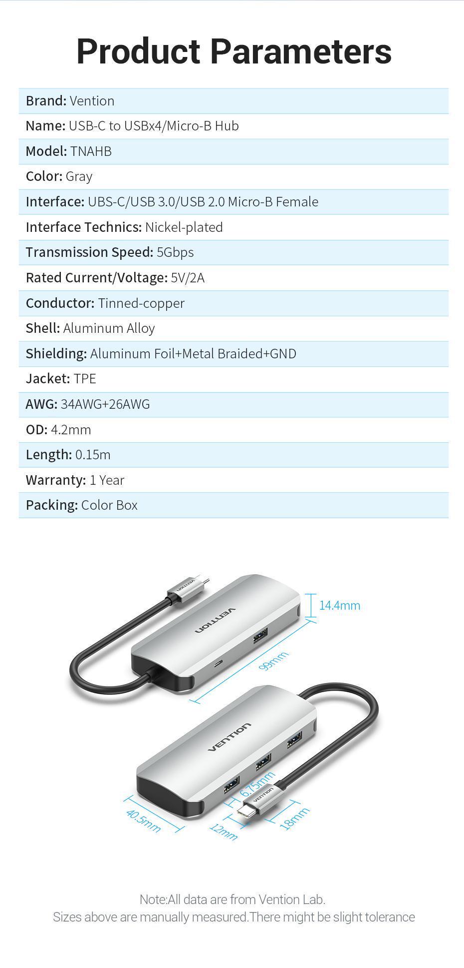 USB-хаб Vention Type-C-4x USB 3.0/Micro-USB/5 Гбит/с USB-C через Micro-B металлический Серый (TNAHB) - фото 9