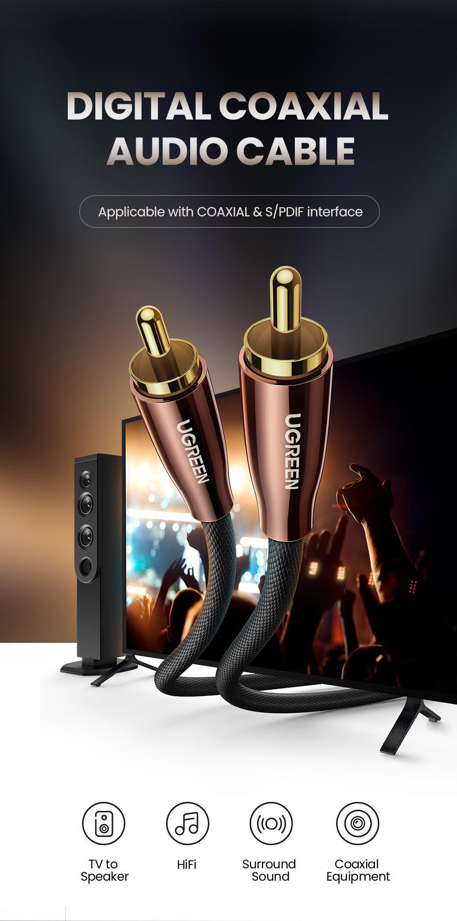 Кабель UGREEN RCA-RCA Коаксіальний Аудіо стерео S/PDIF Hi-Fi 5.1 Dolby нейлонове обплетення 3 м Чорний (40299) - фото 7 Кабель UGREEN RCA-RCA Коаксіальний Аудіо стерео S/PDIF Hi-Fi 5.1 Dolby нейлонове обплетення 3 м Чорний (40299) - фото 7