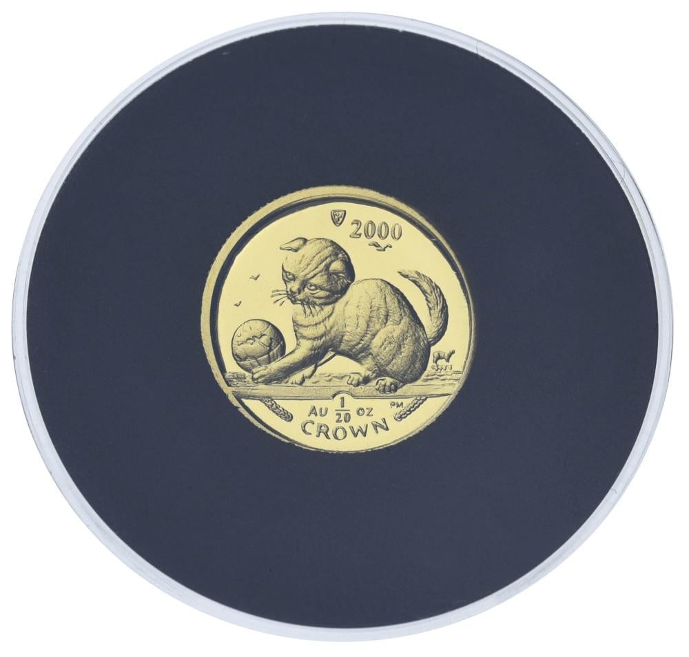 Коллекционная монета Остров Мэн 1 крона 2000/2008 золото Proof Кот Шотландская вислоухая кошка 1/20 унции