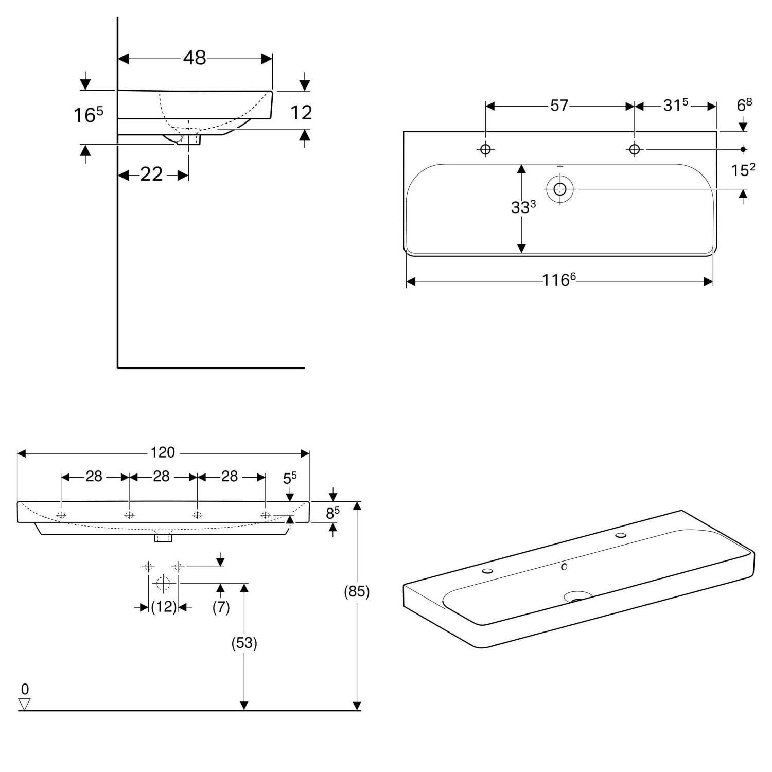Умывальник подвесной Geberit Smyle Square 500.253.01.1 1200x480x165 мм Белый (115926) - фото 3