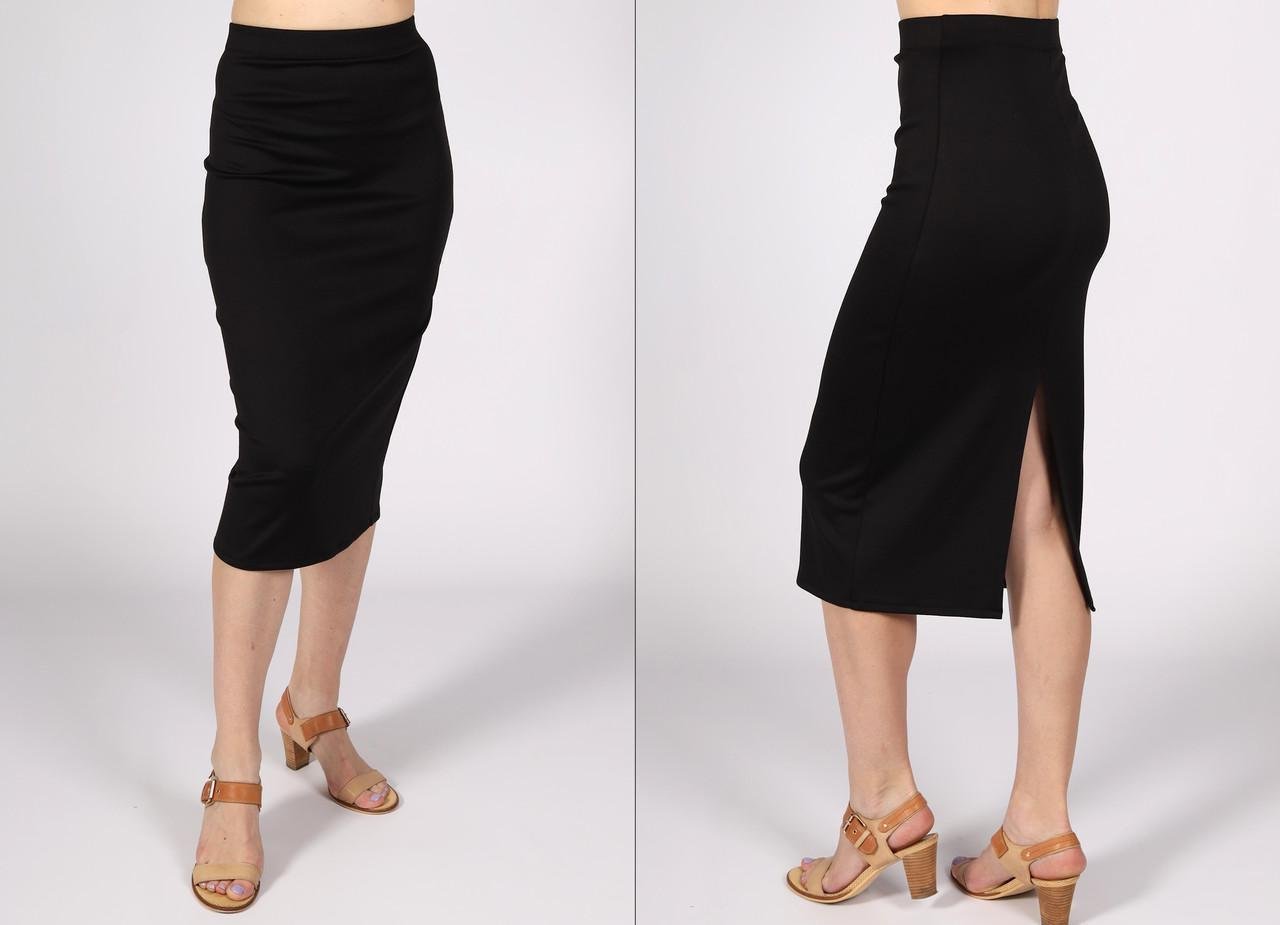 Юбка-карандаш меди женская ниже колен однотонная с разрезом сзади р. 48 Черный (2494988182) - фото 2