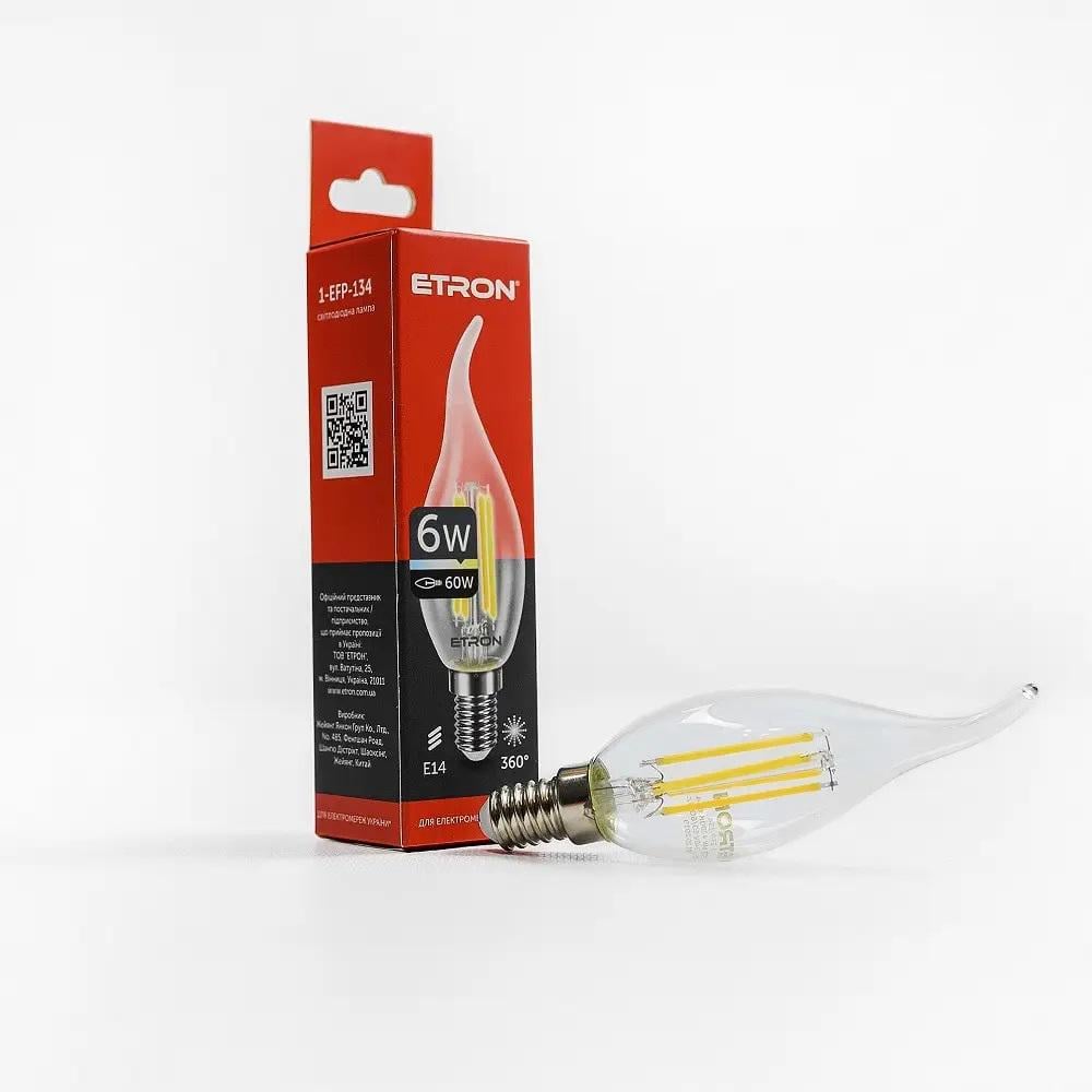 Лампа LED ETRON Filament 1-EFP-134 С37 tailed E14 6W 4200K Прозрачный
