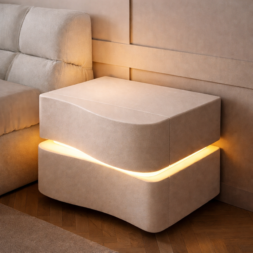 Приліжкова тумба для спальні з еко-шкіри з LED-підсвіткою та двома висувними ящиками Молочний (33731004)