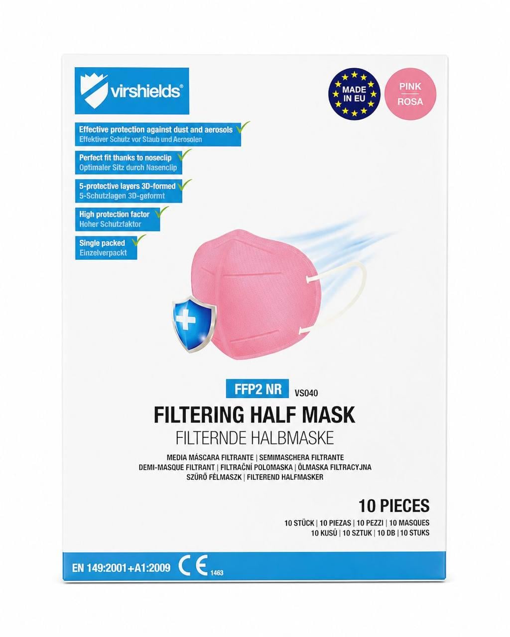 Набор защитных масок респираторов Virshields FFP2 NR 10 шт. 5-слойные/сертификация ЕС Розовый