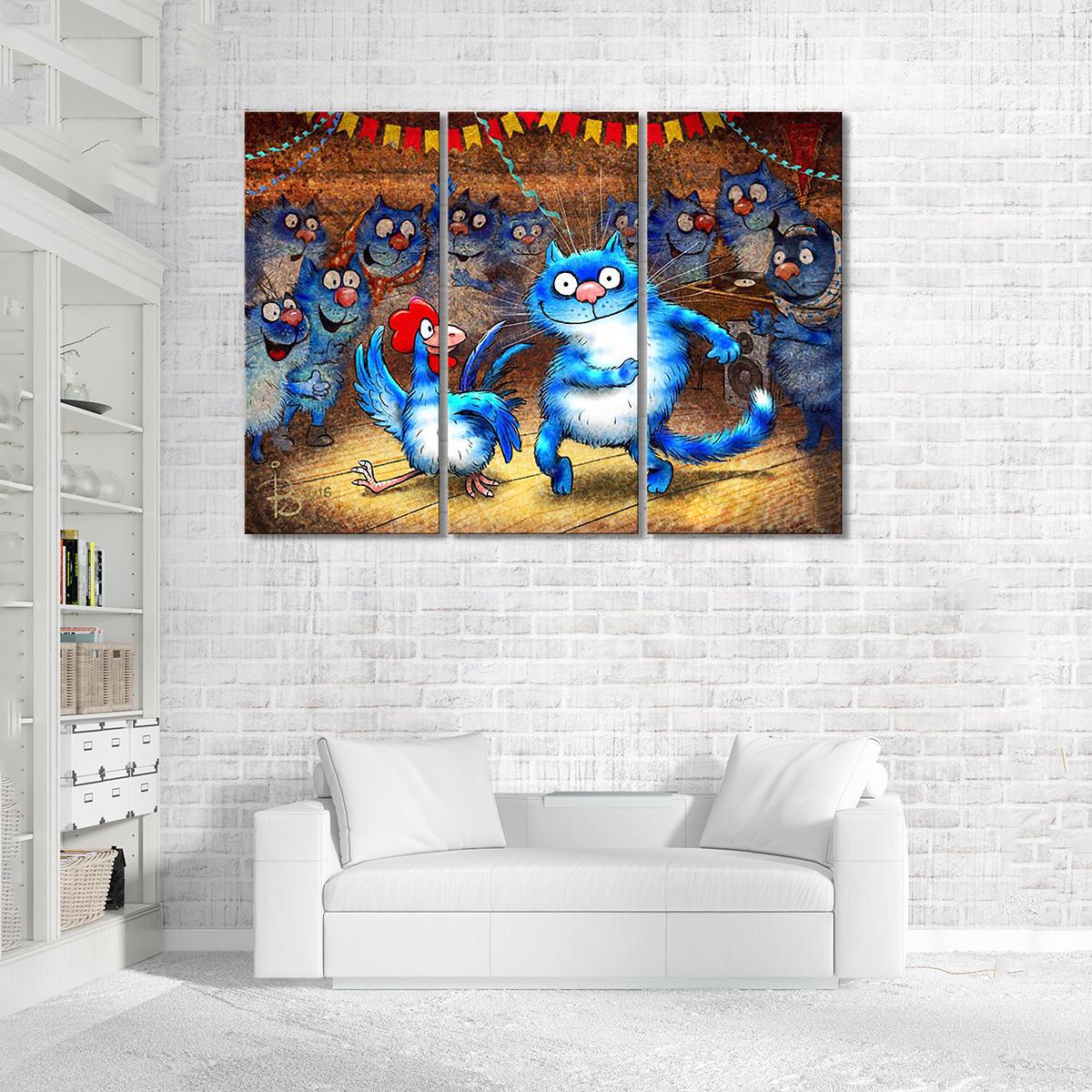 Модульная картина Кот и Петух зажигают в клубе 3 модуля 70x105 см