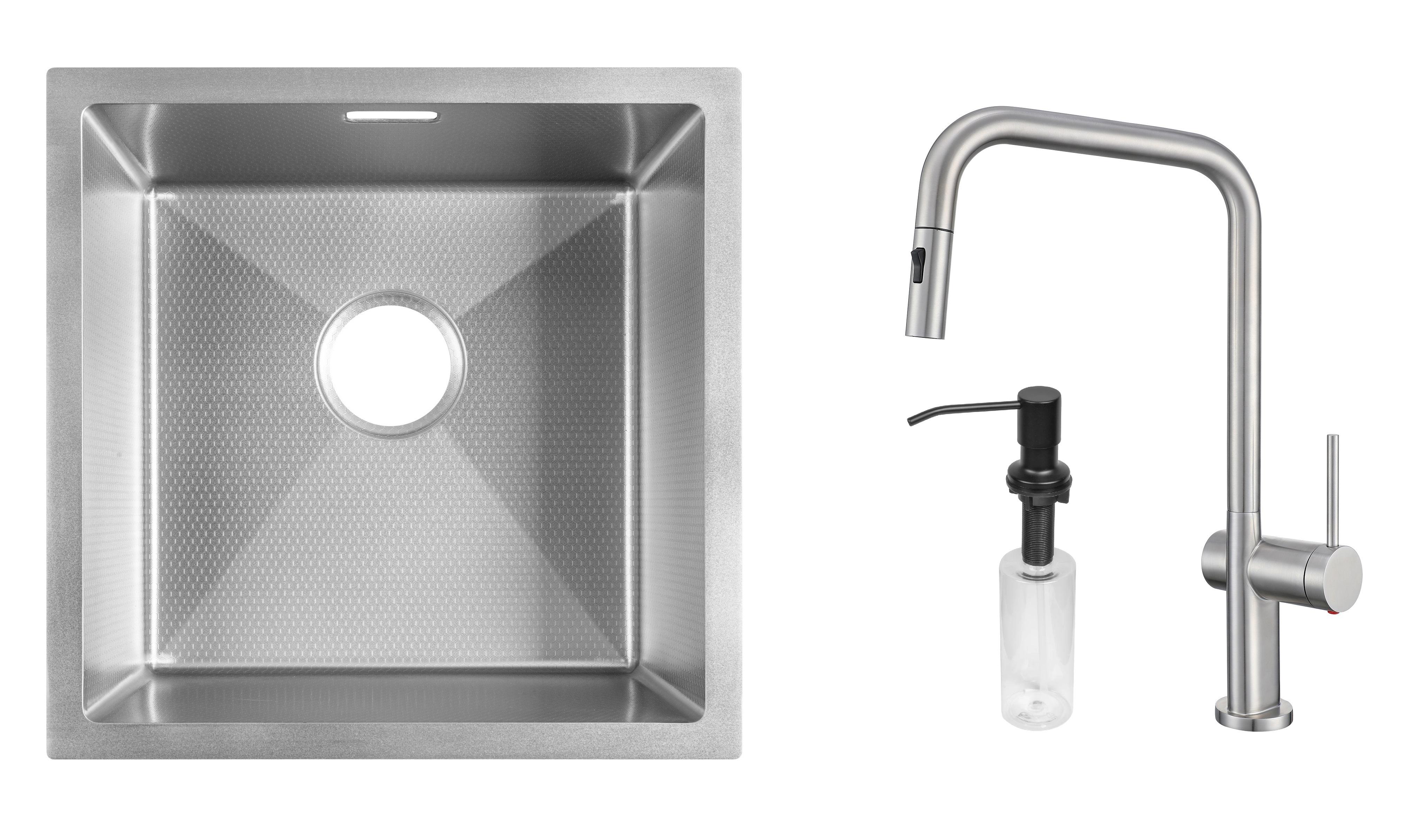 Комплект из кухонной мойки Gunter&Hauer Olef 4522 Inox Honey кухонного смесителя Gunter&Hauer BRUNNEN Br и дозатора Gunter&Hauer Soap Dispenser Black