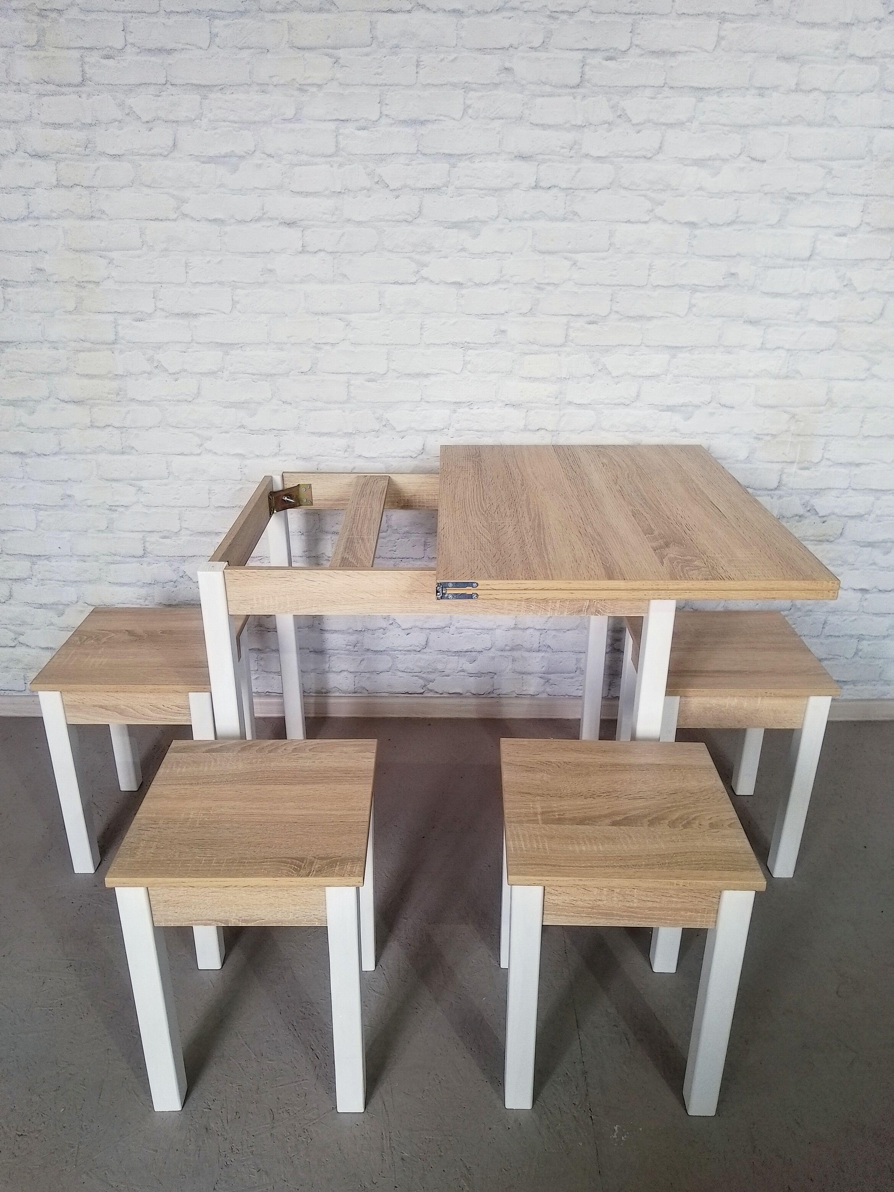 Обеденный стол раскладной и 4 табурета Вента ножки деревянные 80х60х75 см/34х34х45 см Дуб сонома/Белый (0020) - фото 3 Обеденный стол раскладной и 4 табурета Вента ножки деревянные 80х60х75 см/34х34х45 см Дуб сонома/Белый (0020) - фото 3