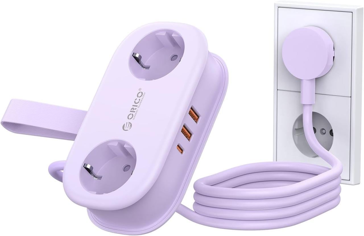 Подовжувач мережевий Orico з USB-C PD 20W та 3 USB-портами 2 розетки кабель 1,5 м Бузковий