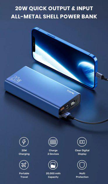 Повербанк Topk TKI2006P-BE20000 mAh QC3,0/PD 20W 2xUSB 1xType-C - фото 8