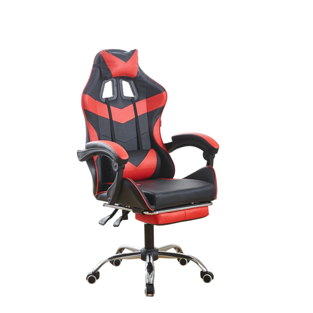 Кресло геймерское Bonro BN-810 из экокожи на колесиках с подушками под поясницу и голову и подставкой для ног Черно-красный (132-76-42400286)