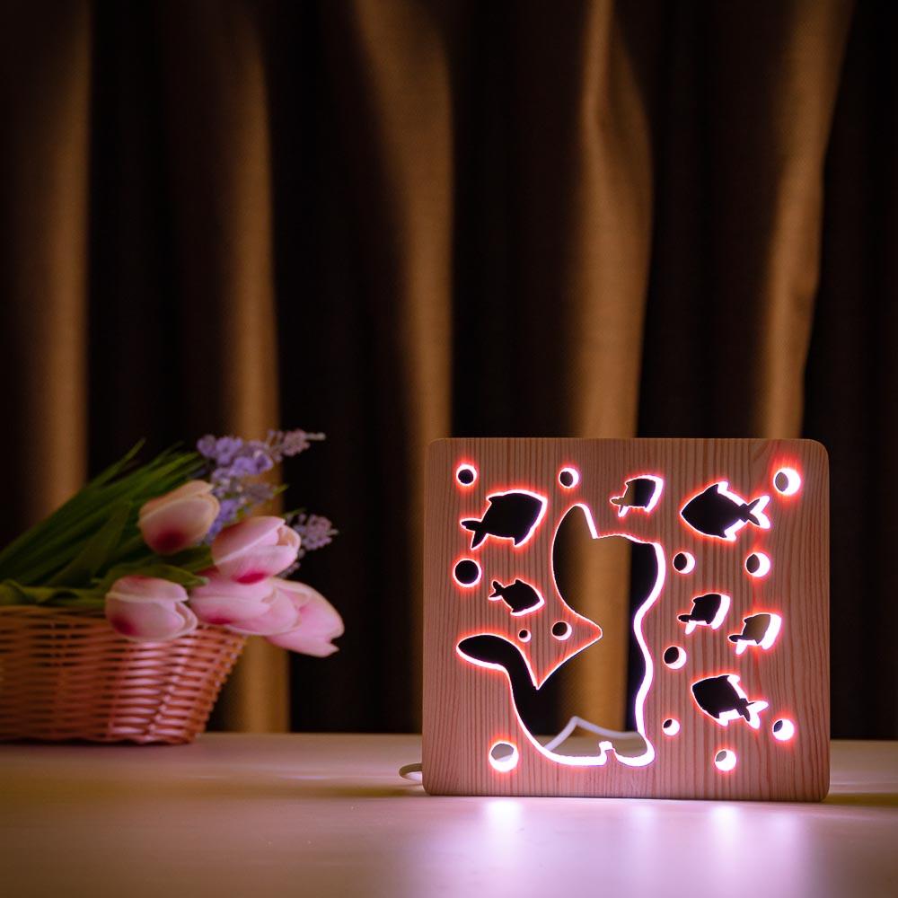Светильник-ночник ArtEco Light LED Кот и рыбки из дерева (1020353)