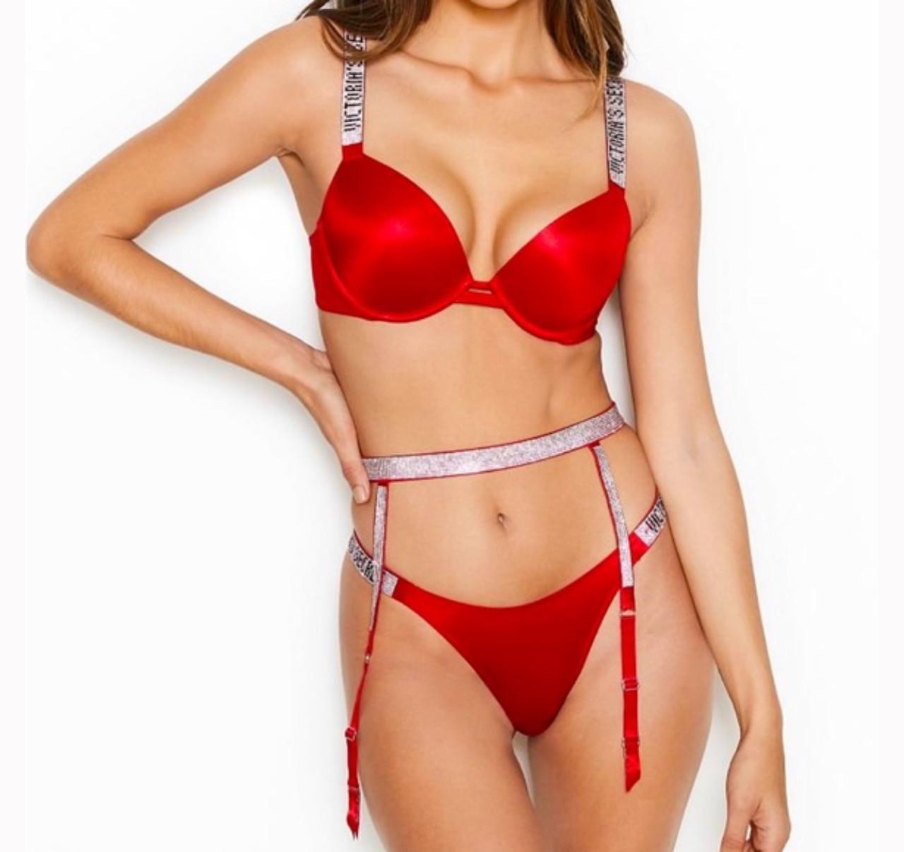Комплект жіночої нижньої білизни Victoria's Secret зі стразами 95D-L Червоний (8030)