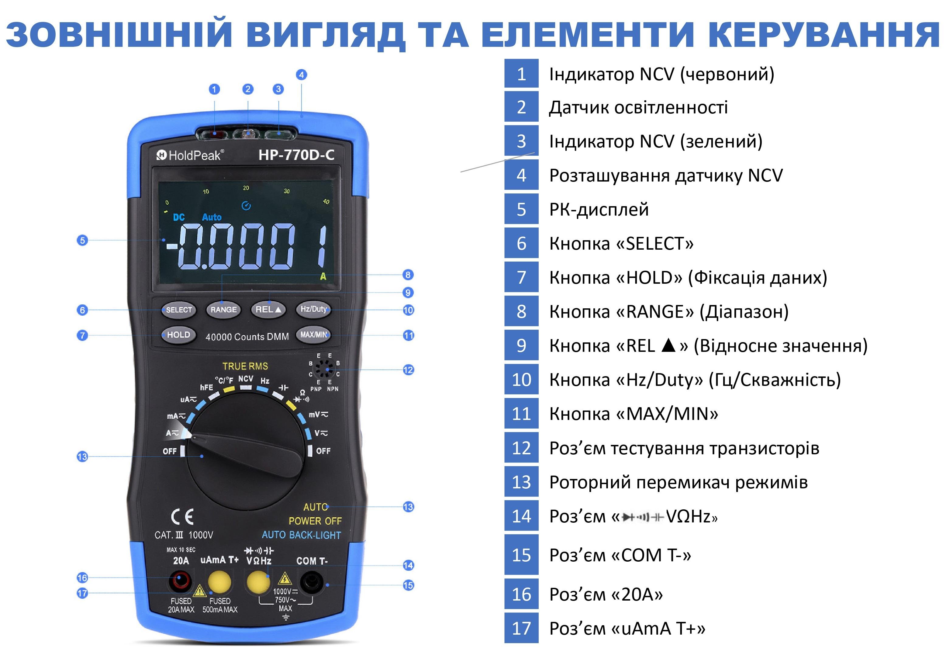 Мультиметр HoldPeak HP-770d C профессиональный цифровой (HP-770D-C) - фото 5 Мультиметр HoldPeak HP-770d C профессиональный цифровой (HP-770D-C) - фото 5