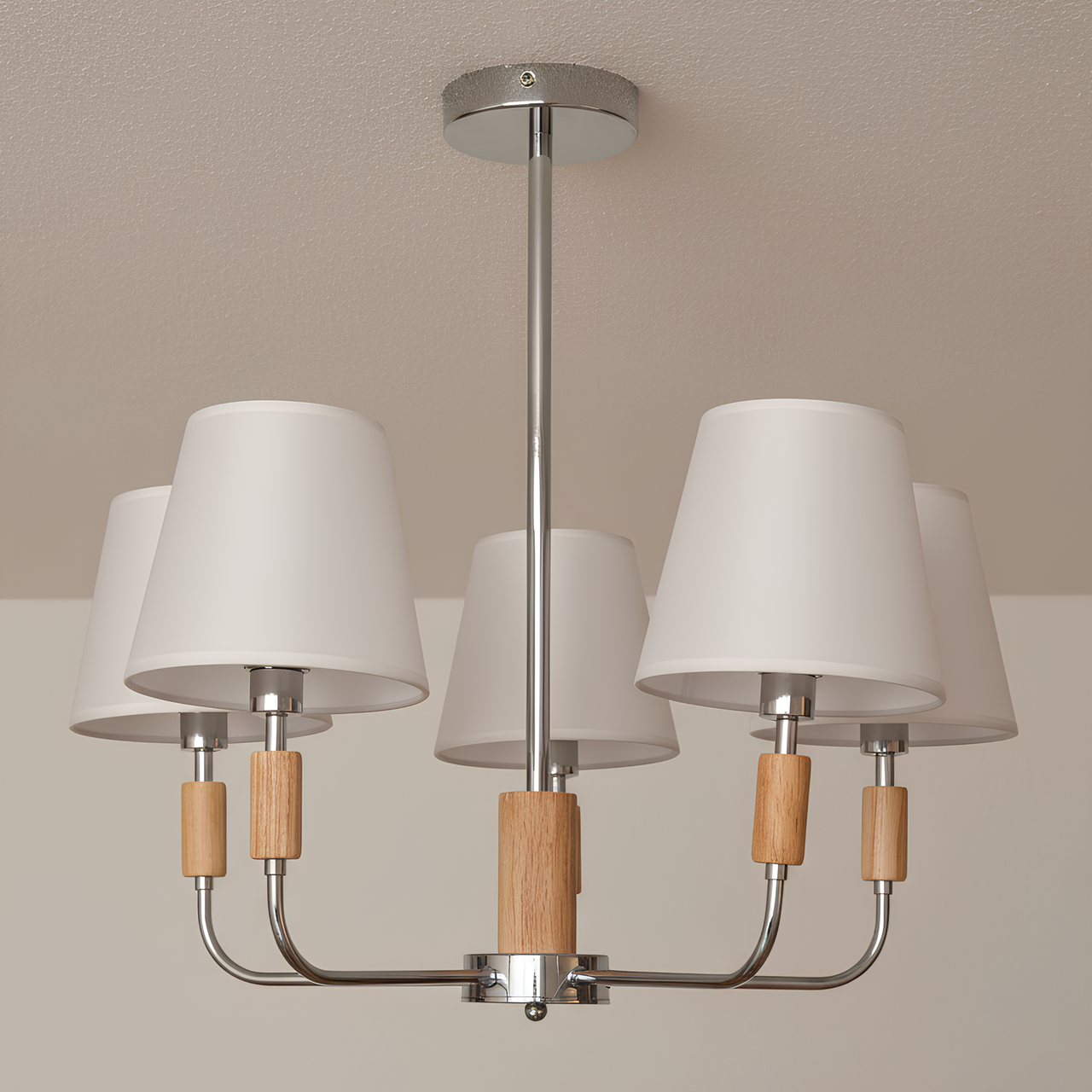 Люстра Valeso с деревянными элементами на пять текстильных плафонов под лампу Е27 Хром (V16-5 CH)