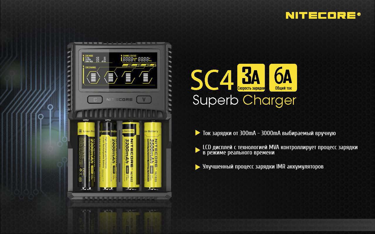 Зарядний пристрій універсальний Nitecore SC4 Ni-Cd/Ni-Mh/Li-Ion/IMR/LiFePO4 3,6-4,35V/3A LCD display 220/12V (25994135) - фото 6