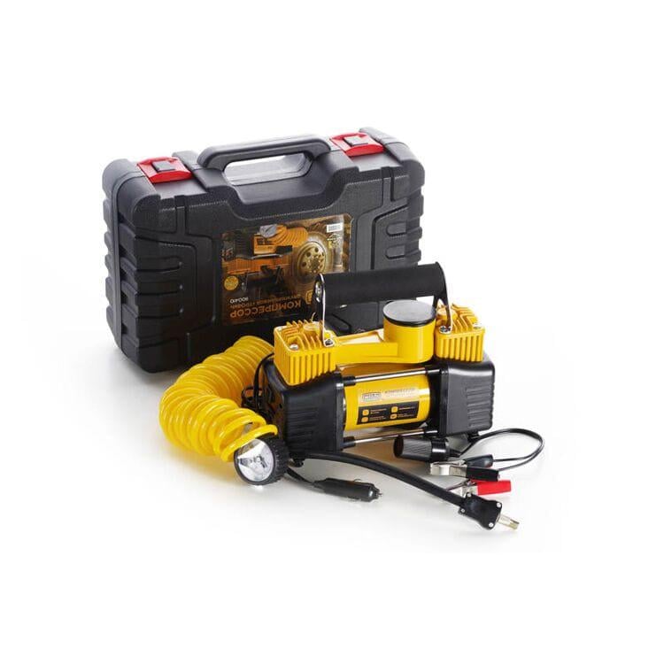 Компресор автомобільний двоциліндровий 85 л/хв 10 атм 18 А в пластиковому кейсі зі спіральним шлангом (552142)