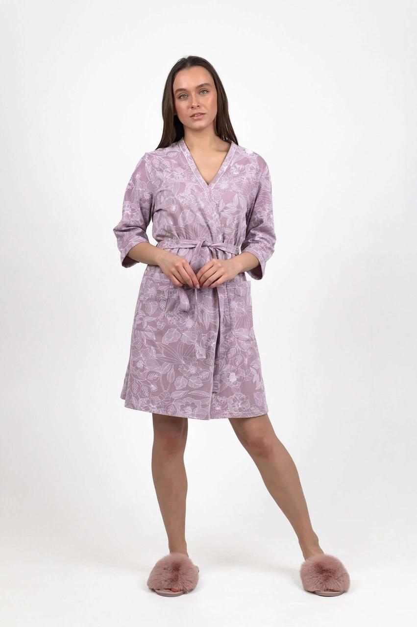 Халат женский N.EL 1331-09k с принтом Цветочный хлопковый хлопковый на запах XL Лиловый (1331-09)