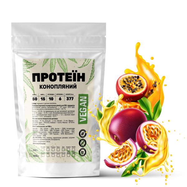 Протеїн конопляний Vegan 50% білка з насіння конопель із клітковиною на 16 порцій 500 г Маракуйя (21-125-knp-m500)