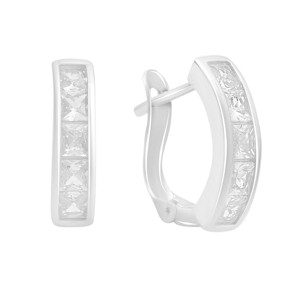 Серебряные серьги-кольца LoveR с прямоугольными фианитами в гладкой оправе Серебряные серьги-кольца LoveR с прямоугольными фианитами в гладкой оправе