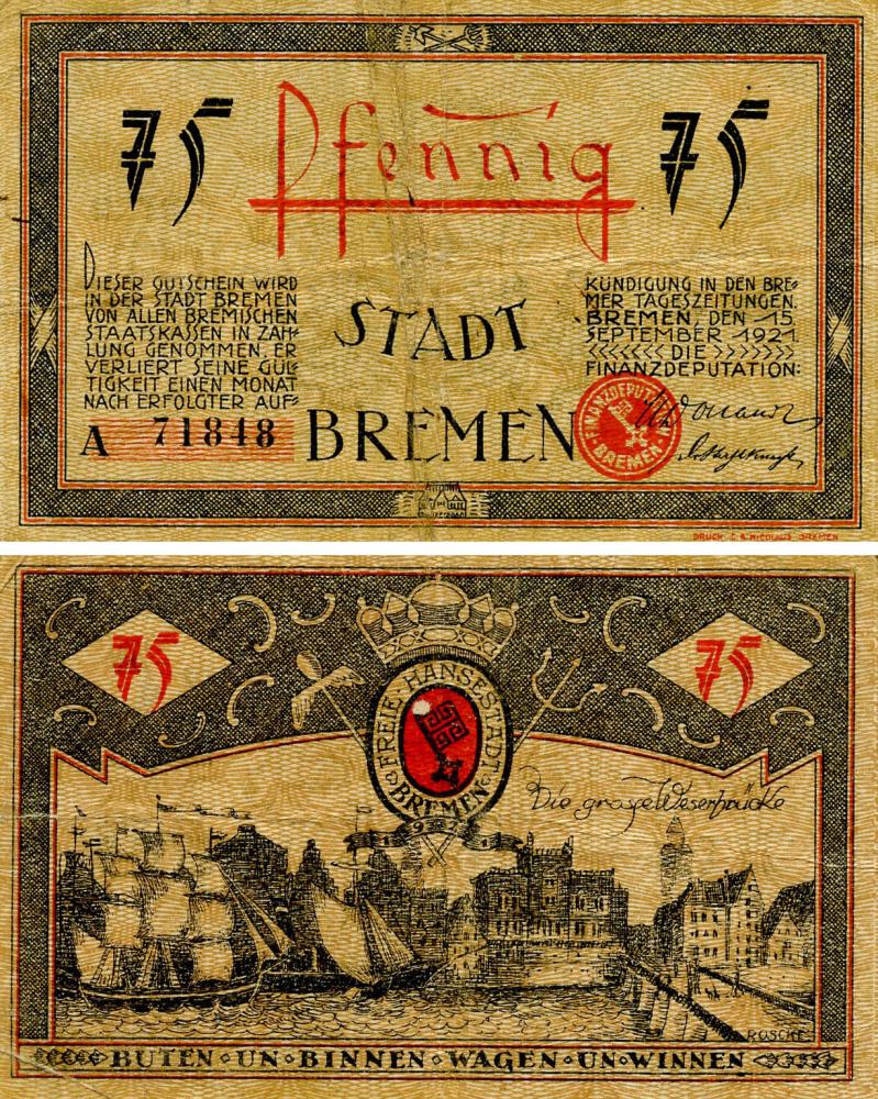 Коллекционная банкнота Германия Нотгельд 75 пфеннигов 1921 F-VF Бремен (Б18603)