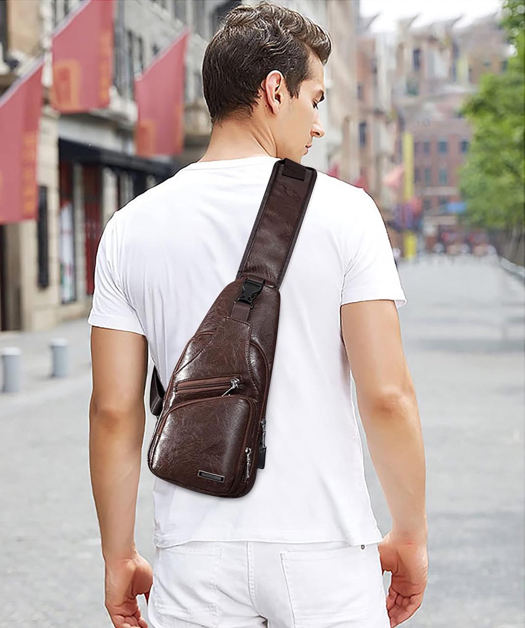 Сумка-слінг чоловіча через плече із зовнішнім карманами Темно-коричневий (LR 3416 BND) - фото 9 Сумка-слінг чоловіча через плече із зовнішнім карманами Темно-коричневий (LR 3416 BND) - фото 9