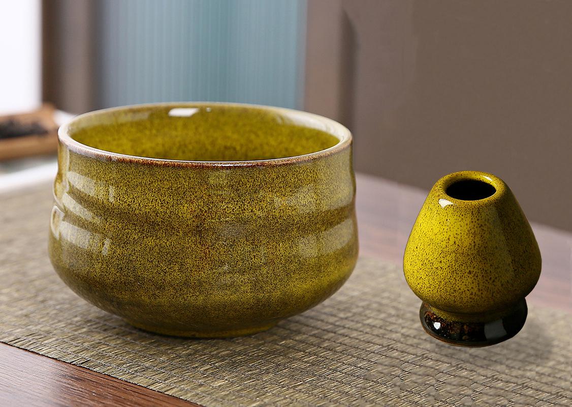 Комплект чаша Чаван/Тяван керамическая для чая матча с подставкой Кусенаоши венчика часен Желтый Сапфир (KC22YS)