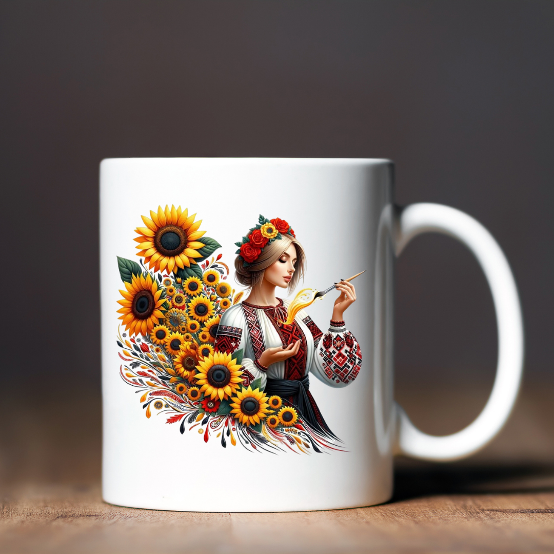 Чашка керамічна глянцева Українка у вишиванці з квітами 330 мл Білий (001466)