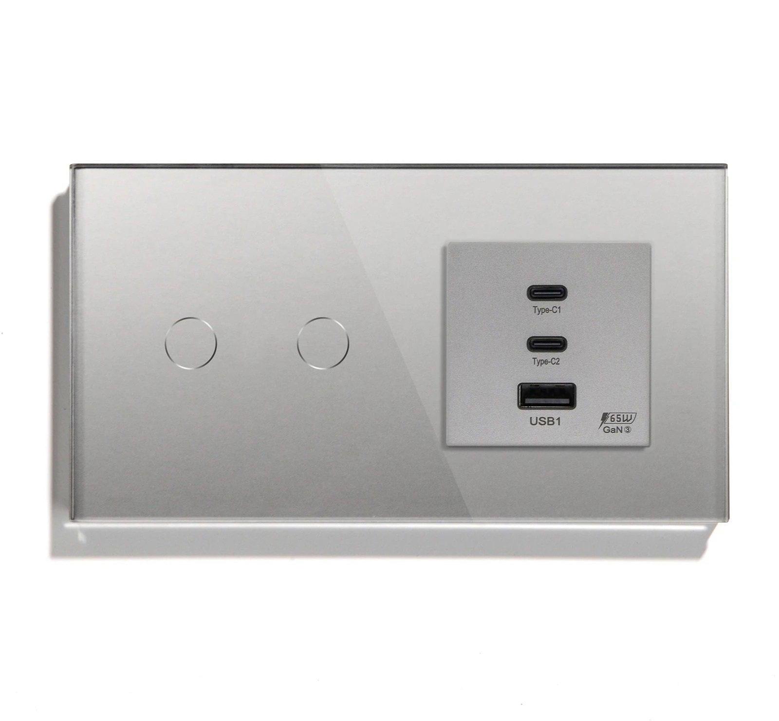 Выключатель умный LUXION сенсорный/двойной/проходной с розеткой USB A+C+C 65Вт стекло Серый