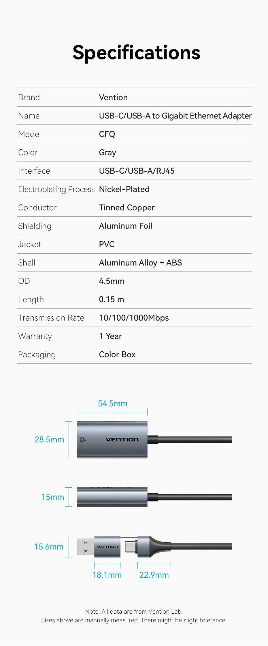Адаптер Vention USB-C/USB-A на Gigabit Ethernet 1000 Мбит/с алюминиевый Plug and Play 0.15 м Серый (CFQHB) - фото 10