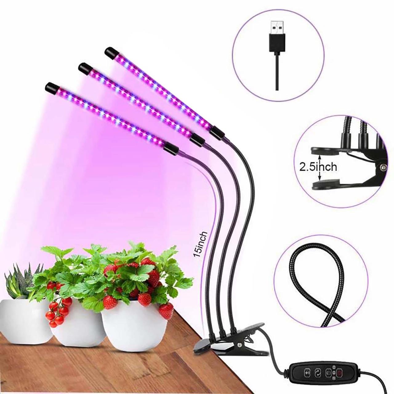 Ультрафіолетова лампа для рослин 3 лампи 30W USB таймер із кріпленням прищіпка та пультом - фото 6