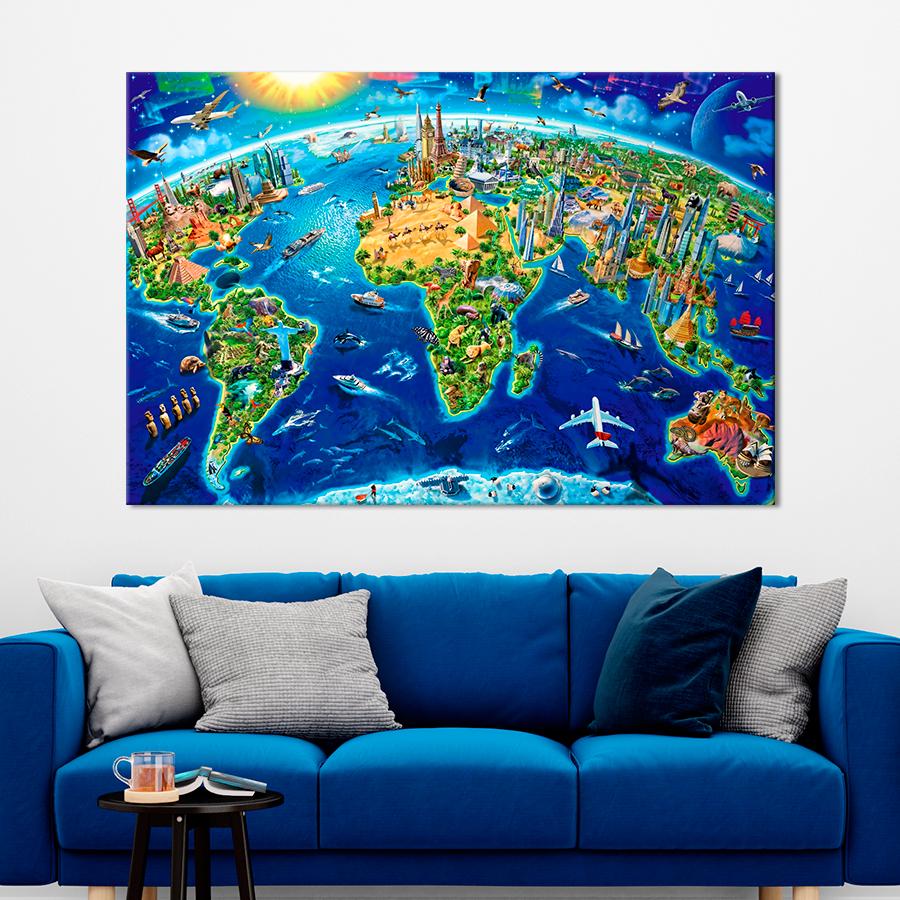 Картина карта Карта мира с туристическими достопримечательностями 120x80 см (A1359-1)