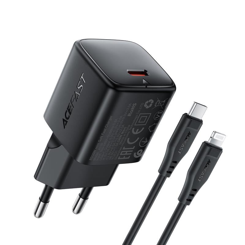 Зарядное устройство для телефонов с кабелем Acefast A118 PD30W mini GaN USB-C fast charger set P16 Black (24713)