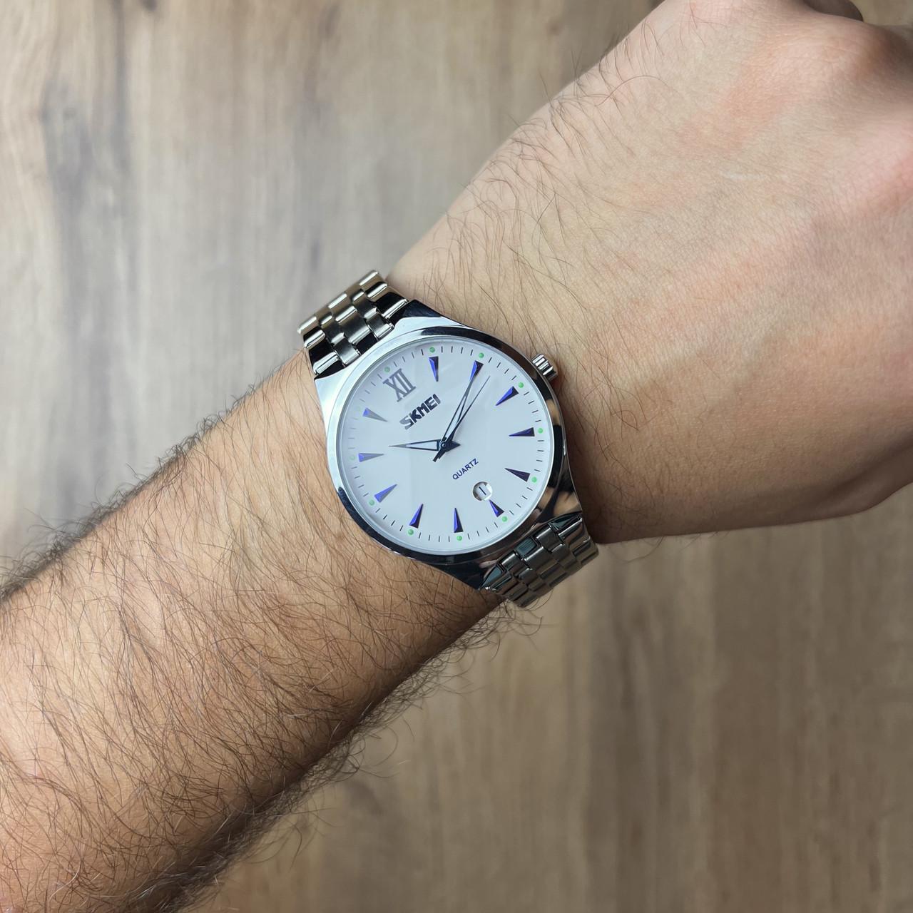 Годинник металевий Skmei з датою жіночий/чоловічий Сріблястий/Білий (z063-2) - фото 2 Годинник металевий Skmei з датою жіночий/чоловічий Сріблястий/Білий (z063-2) - фото 2