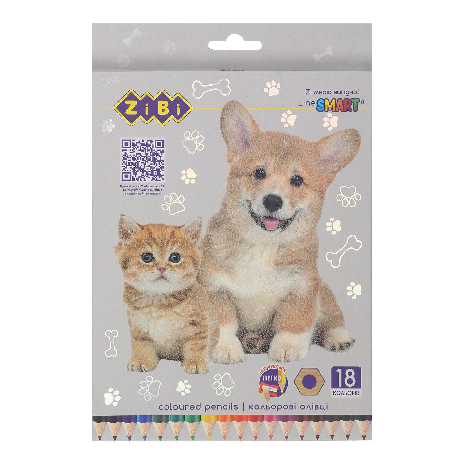 Олівці кольорові ZiBi Smart Line Собаки та Коти шестигранний корпус 18 кольорів (MTT-163430)