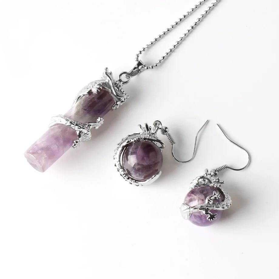Комплект украшений колье и серьги из натурального камня Аметист