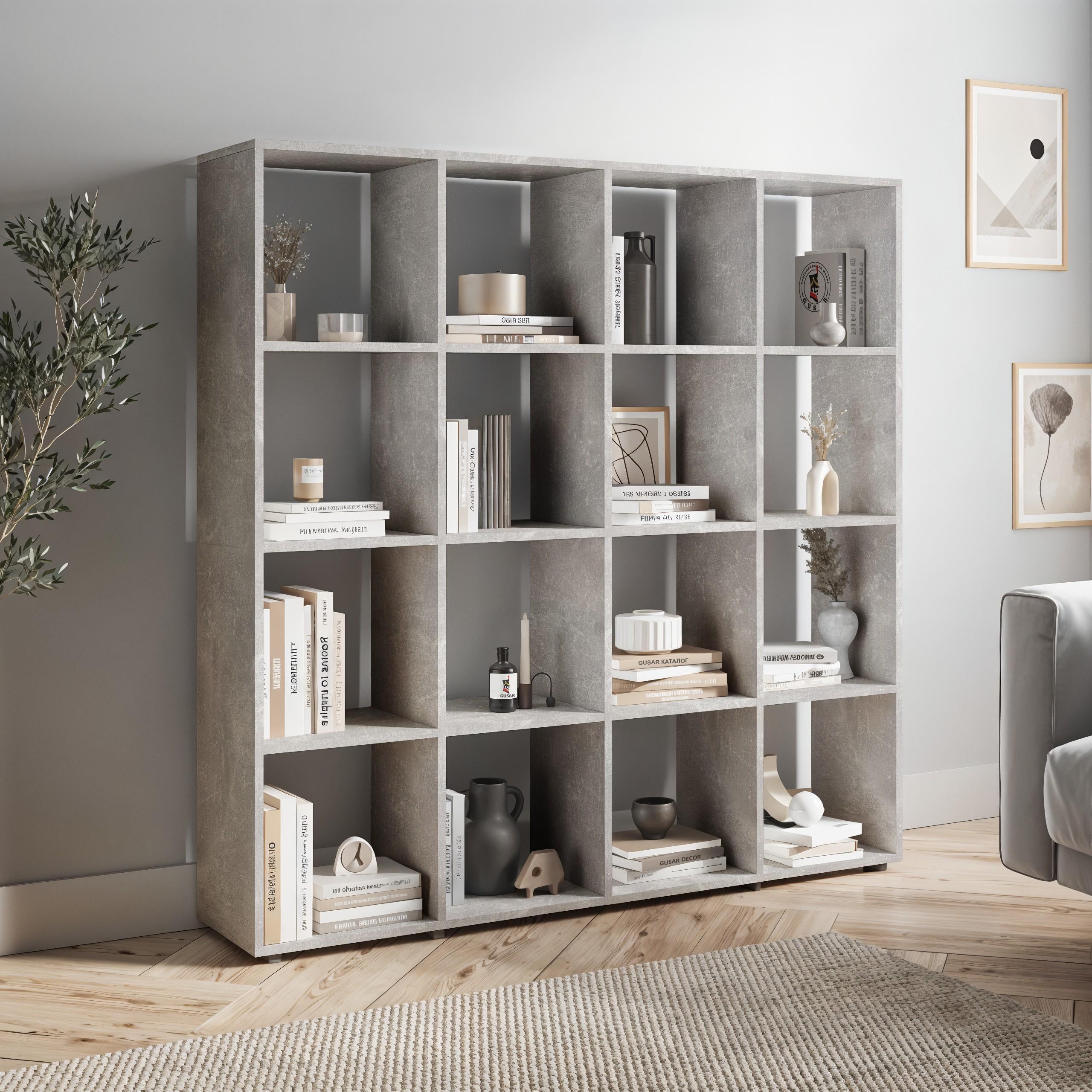 Стеллаж для книг и декора на 16 ячеек P-11 1424х290х1430 мм Бетон