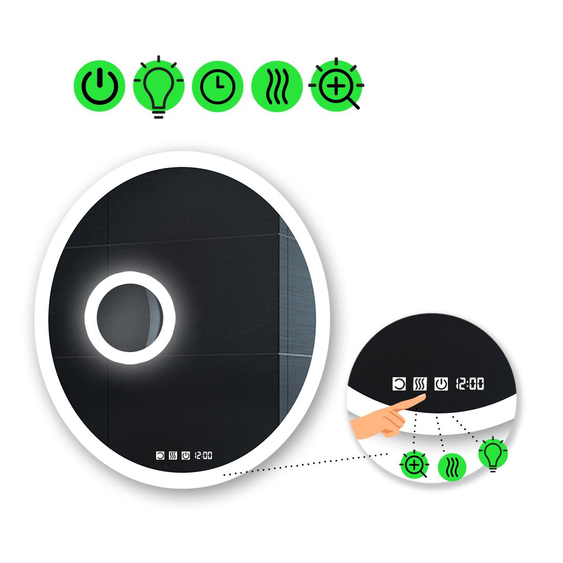 LED-зеркало 90x90 см с тремя сенсорами часами подогревом и линзой с подсветкой модель Amor.