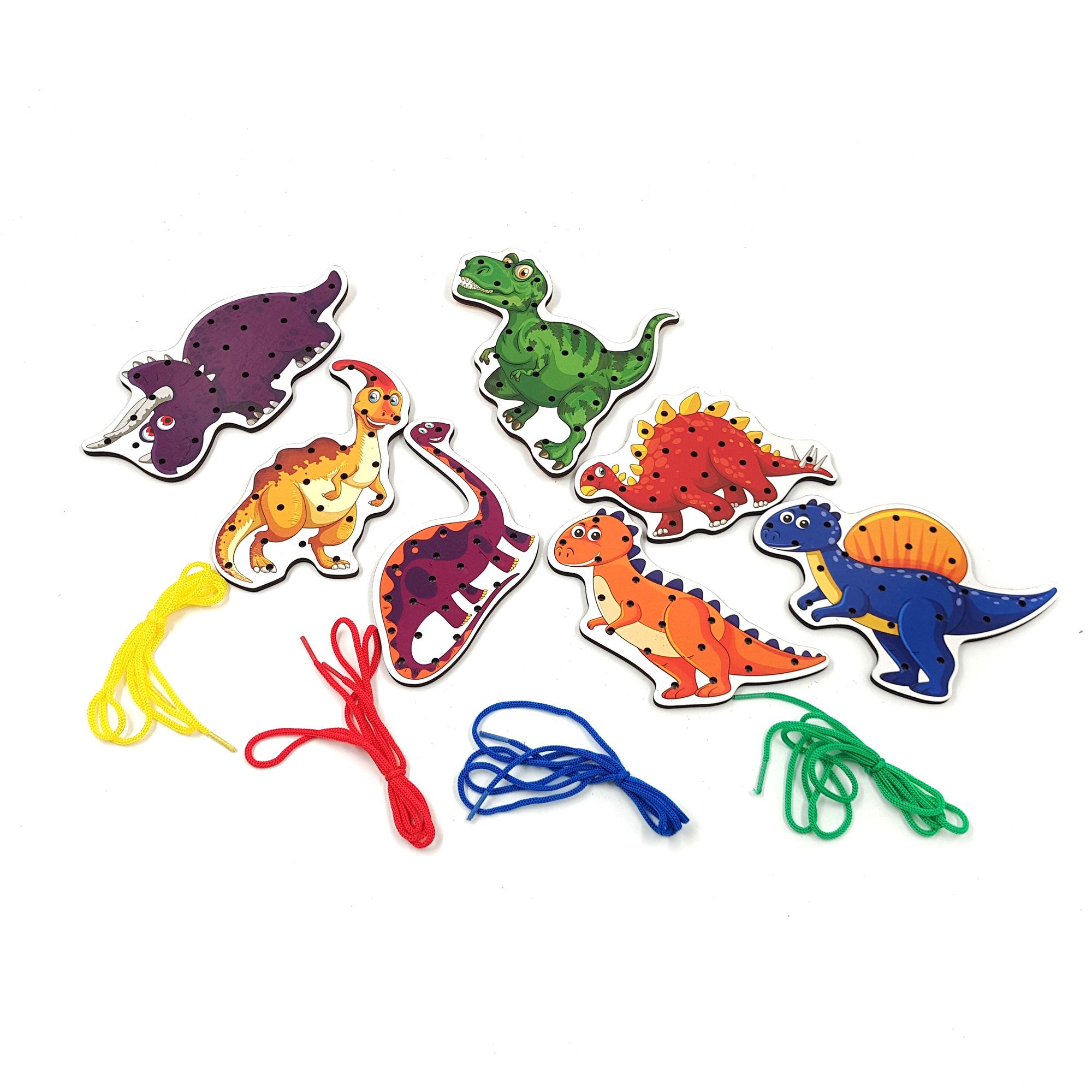 Игрушка развивающая Jia Yue Toys Шнуровка Динозавры деревянная 15 см 7 фигурок 4 шнурка Разноцветный (119940)