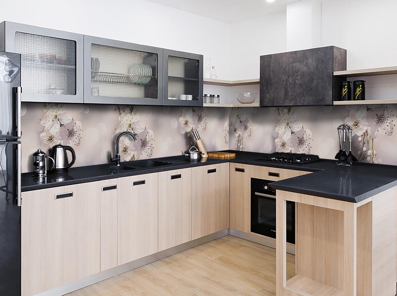 Кухонный фартук Макро цветы вишни/тычинки из самоклеющейся виниловой пленки 60х250 см Бежевый