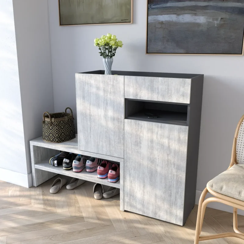 Тумба-подставка RS-4 для обуви в прихожую с дверцей и ящиком 1350х400х1017 мм ДСП 16 мм Антрацит/Бетон (20263016)