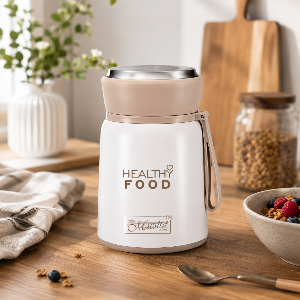 Термос пищевой Maestro MR-1646-53 Healthy Food 0,53 л с ложкой Белый/Бежевый
