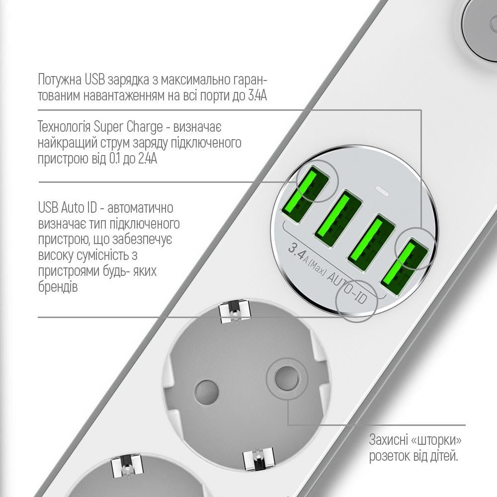 Фильтр-удлинитель Сетевой LDNIO SE4432 с выключателем 4 розетки 4 USB 3,4 A Белый (1950594617) - фото 2