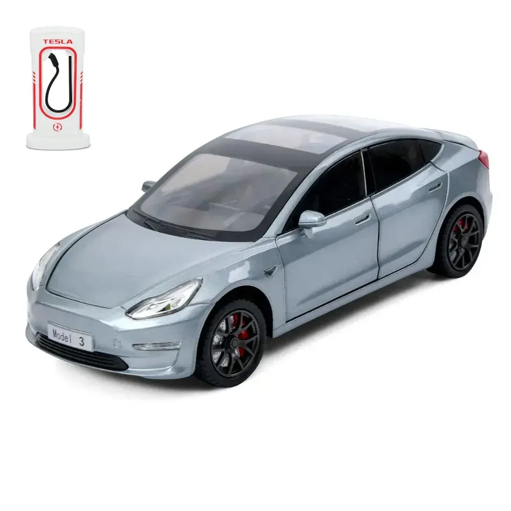 Іграшкова автомобільна моделька АвтоСвіт Tesla Model 3 із зарядною станцією з металу 18 см Сірий (150-98-AP-2005GRY)